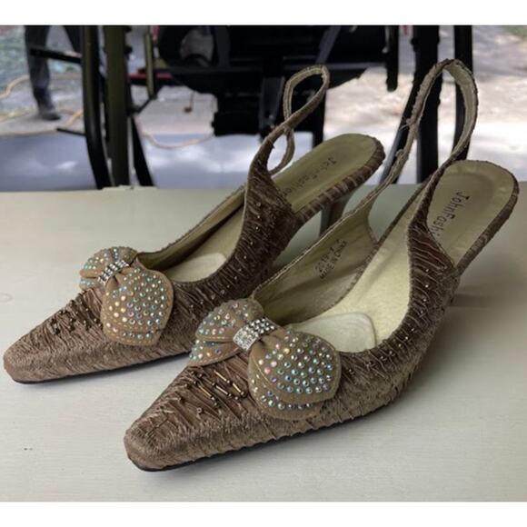 Sling Back Kitten Heels Champaign Embellished Bow Whimsical Dress Shoes Fairy - Picture 2 of 12